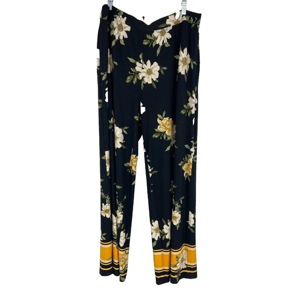 Susan Graver Women 1X Floral Pull On Wide Leg Pant Black Ankle Vacation Travel - Picture 1 of 9